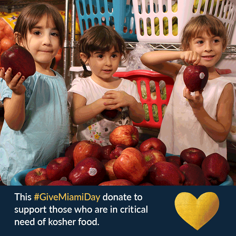 Young children holding apples with this copy below the image: This #GiveMiamiDay donate to support those who are in critical need of kosher food.