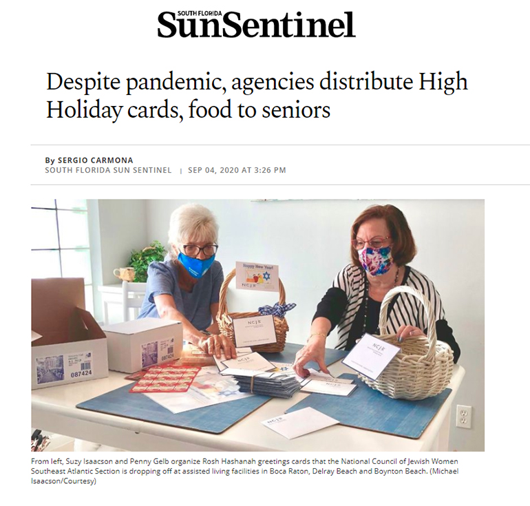 SunSentinel logo, Despite pandemic, agencies distribute High Holiday cards, food to seniors. Image of two women organizing greeting cards.
