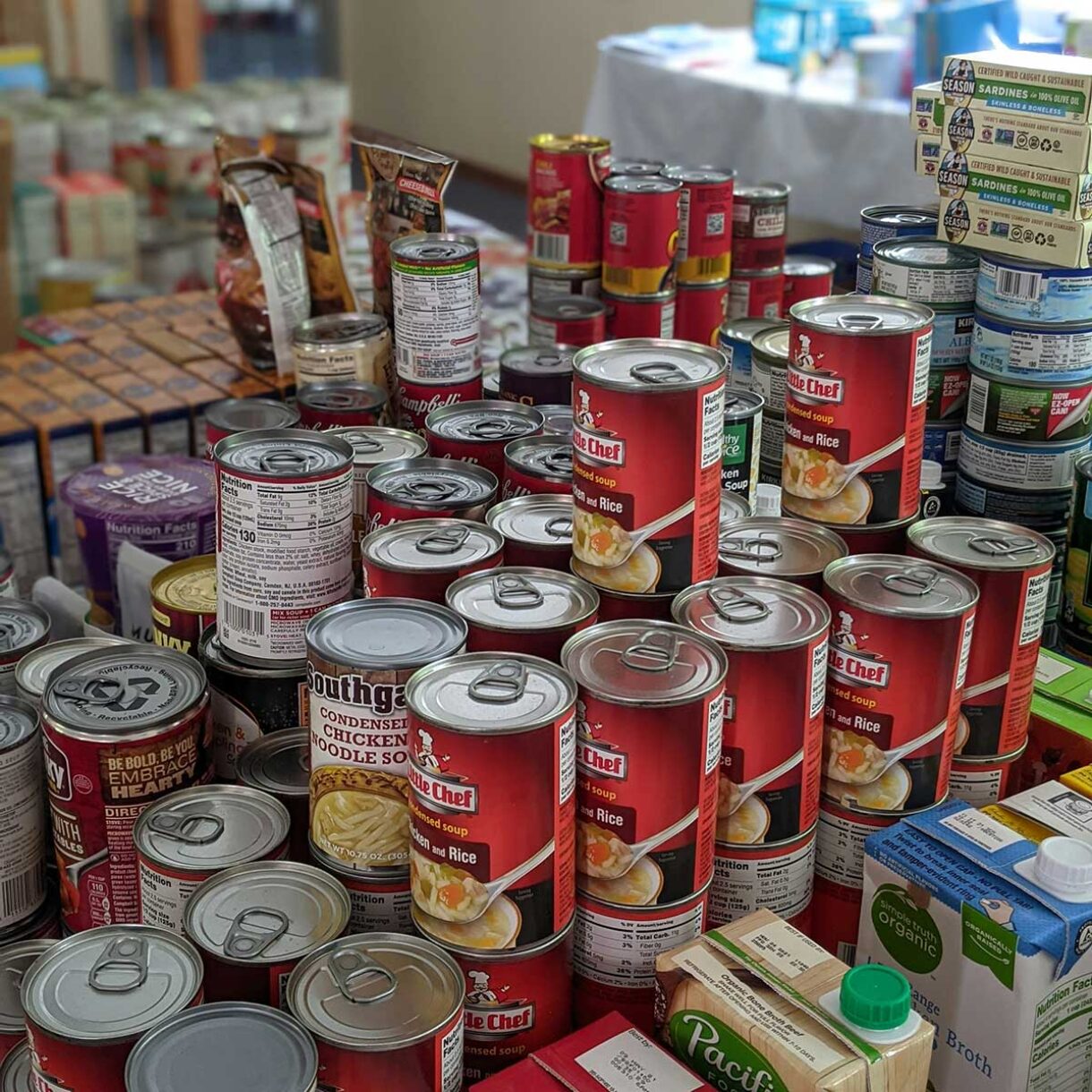 stacks of canned goods at the food bank
