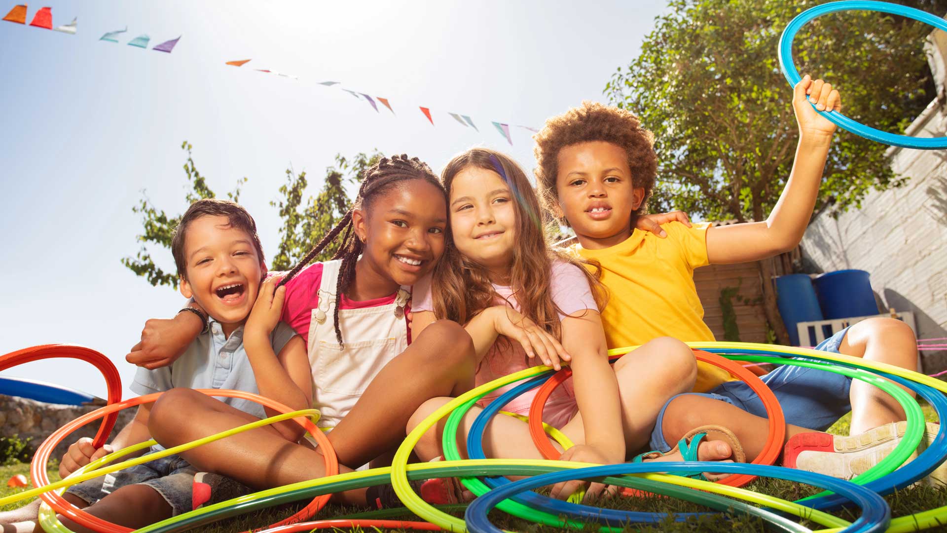 kids-at-camp group of diverse children enjoying summer camp