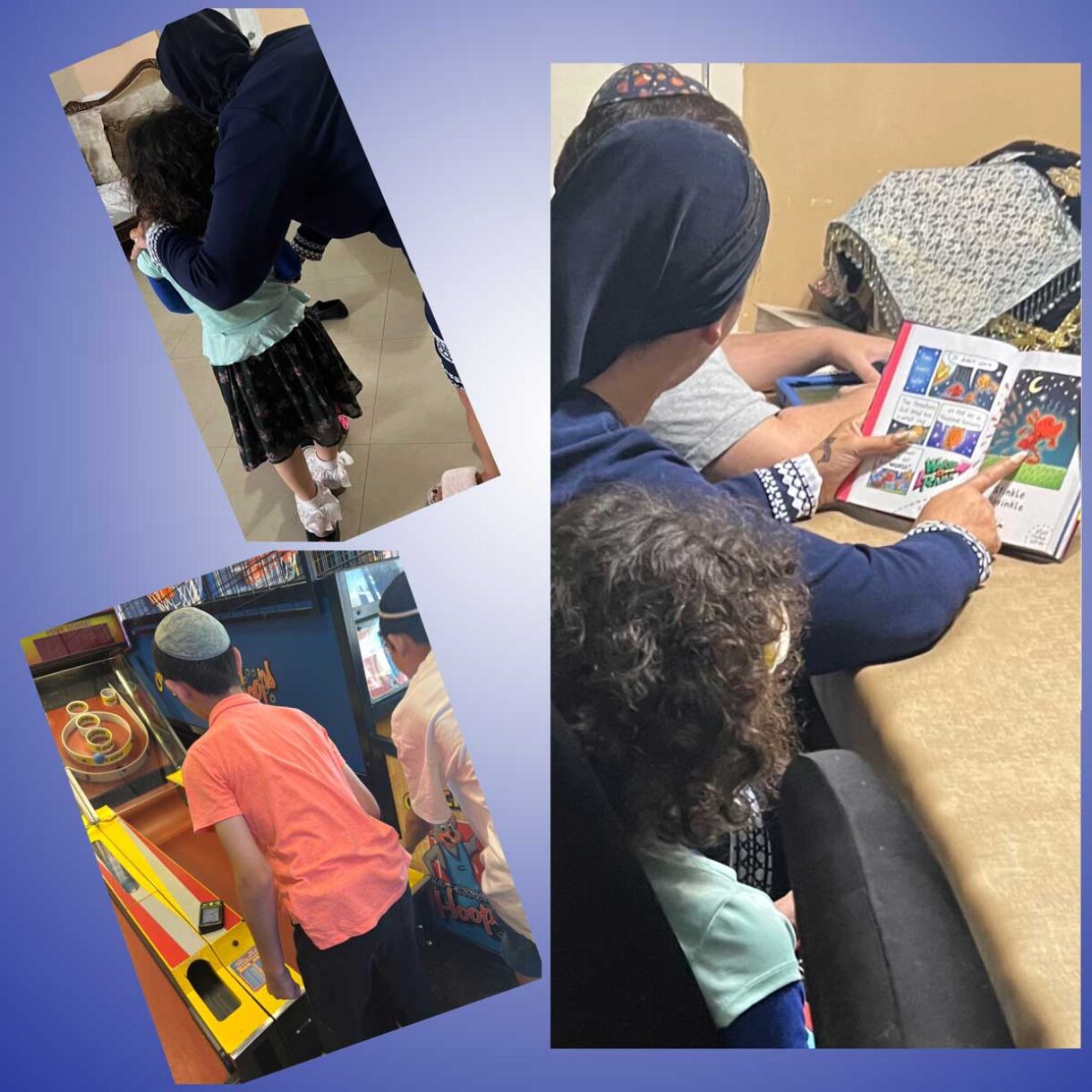 Jane with her children reading a book and playing games